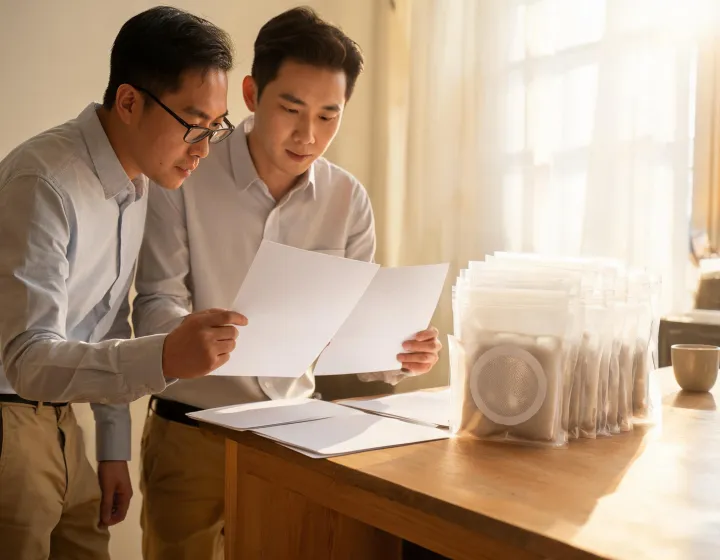 Procurement brief being reviewed beside mushroom grow bag samples