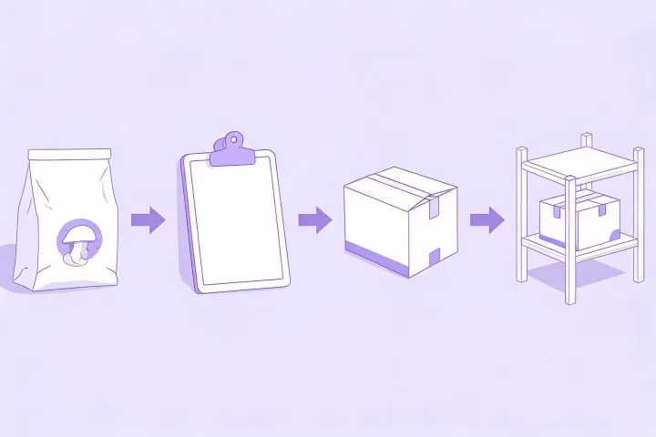 Illustration of a mushroom bag requirement moving through specification review and receiving planning